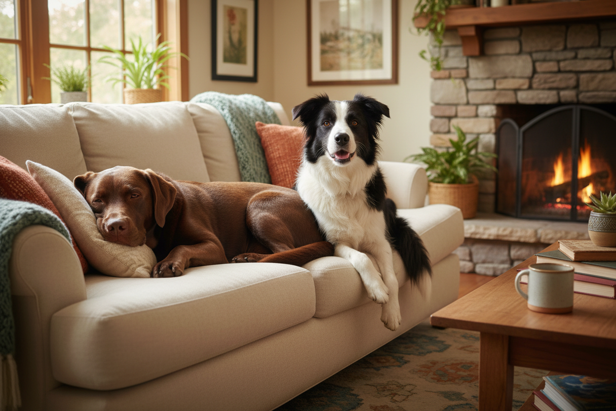 a low rectangular image with a brown chocolate labrador and a border collie on a sofa